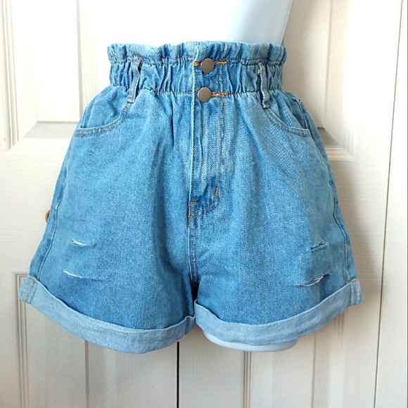 Carissa High Waist distressed Paper Bag jean shorts